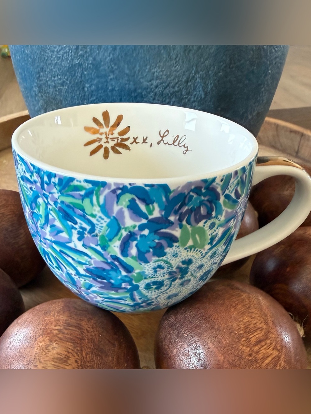 Lilly Pulitzer Blue Floral Gold Handl Coffee Tea Mug 14 oz Beach Ceramic Kitchen